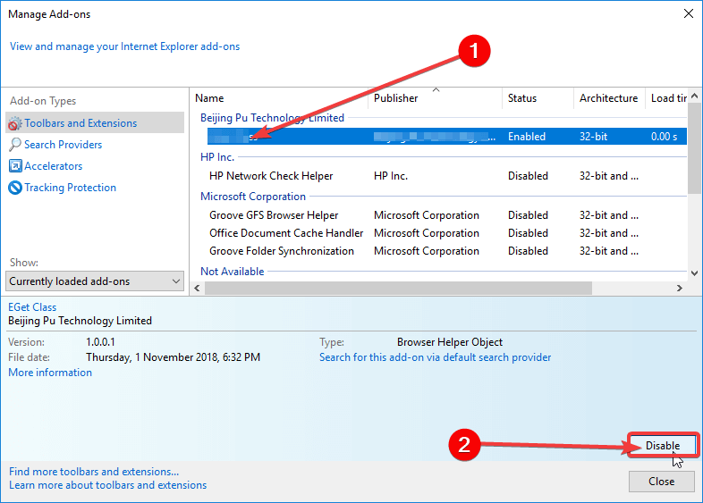 wyłącz dodawanie w programie Internet Explorer dodatek w witrynie nie uruchomił się